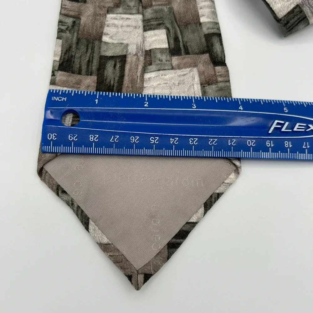 Pierre Cardin Necktie Geometric Blocks Mens OS Grey Brown Silk Vintage 90s